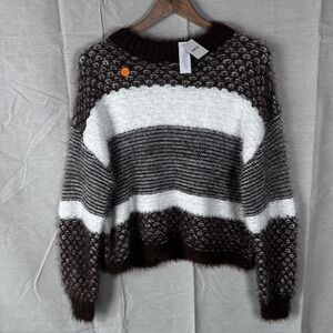 BKE Womens XS Brown White Fuzzy Striped Eyelash Knit Crewneck Sweater NWT